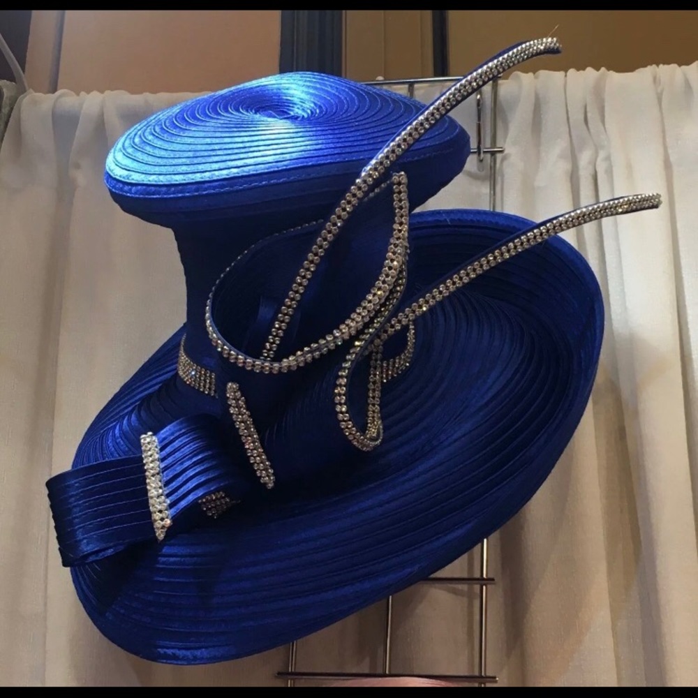 NEW Charm NY * Royal Blue * RHINESTONE HAT CHURCH BLING COGIC DERBY - Picture 4 of 4